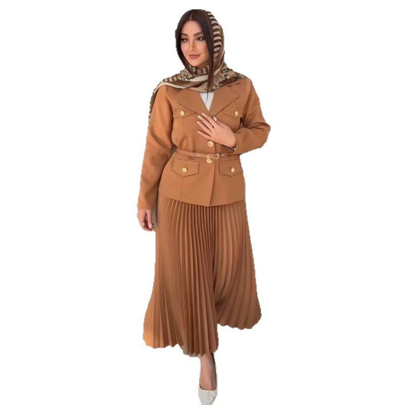 2025 Spring European & American Belted Button Coat with Pleated Skirt Set