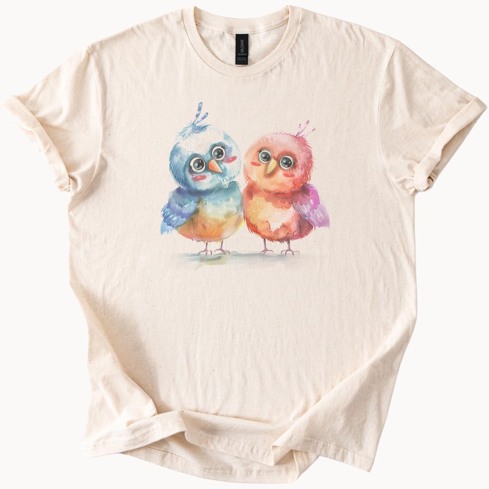 Cute Watercolor Blue and Pink Birds Graphic T Shirt Adorable Animal Art Tee Pastel Lovebird Illustration Shirt Gift for Bird Lovers 130