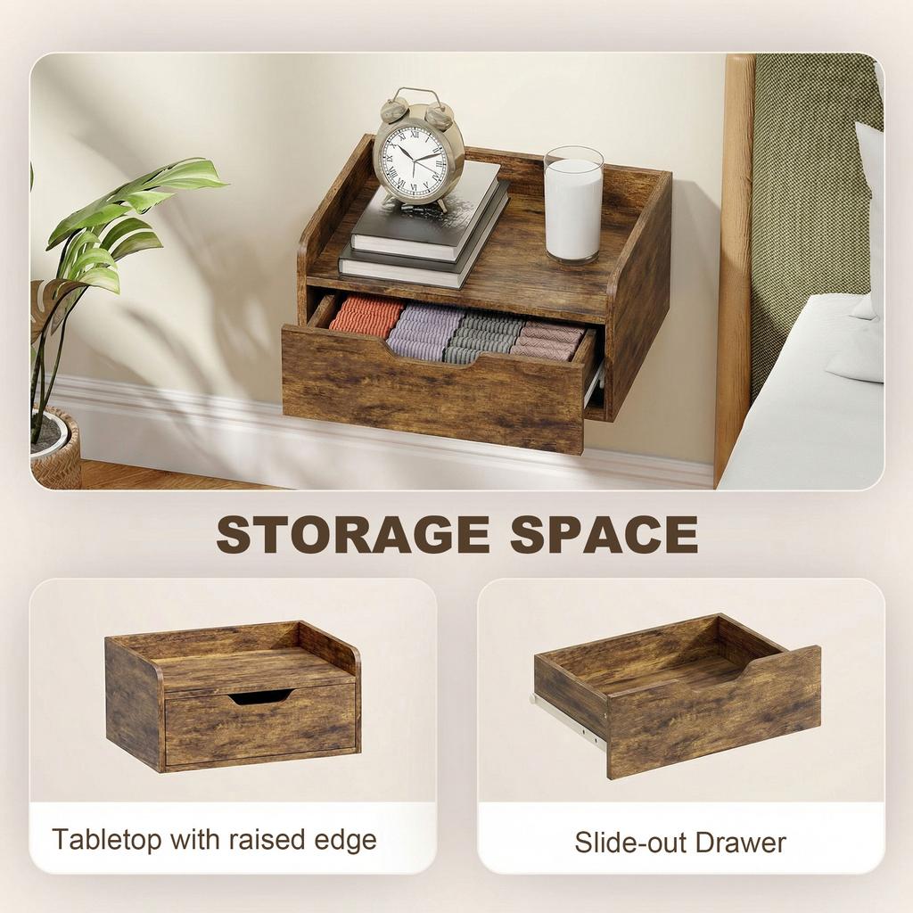 Floating Nightstands Set Of 2 Wall Mounted Bedside Table With Drawer For Bedroom Rustic Brown