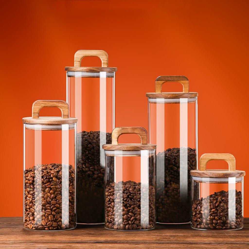 New Handle Wooden Cover High Borosilicate Glass Tea Storage Tank for Coffee Beans Dried Fruits Kitchen Spice