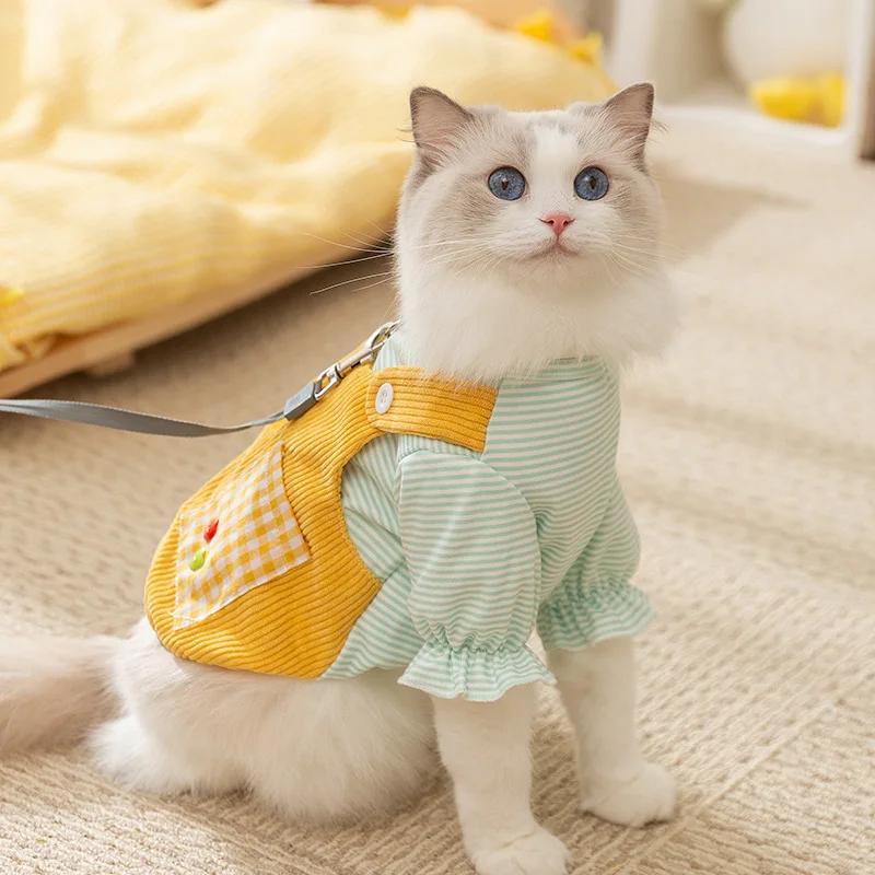 Ragdoll Cat Autumn Thin Dog Clothes Plaid Pocket Puppy Sweatshirt Teddy British Shorthair Leashable Two Legs Coat Pet Clothing