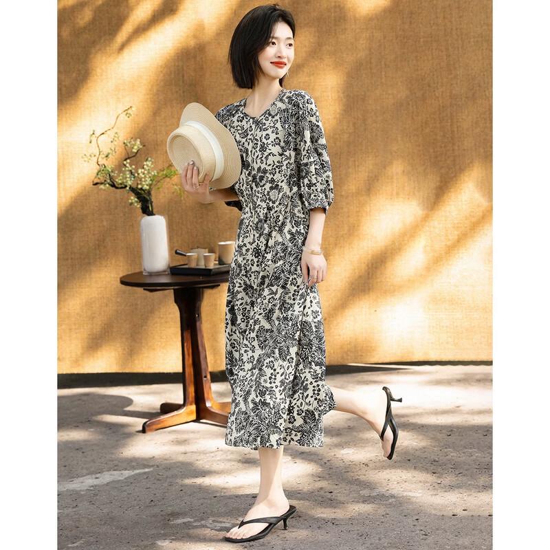Demana Women's Retro Printed Satin Midi Dress