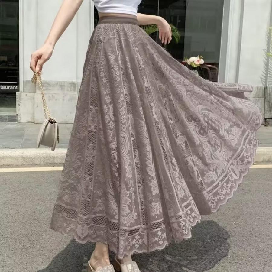 Trendy Lace Trim Long Maxi Skirt, Slimming Effect Mesh Fairy Ruffles Dress