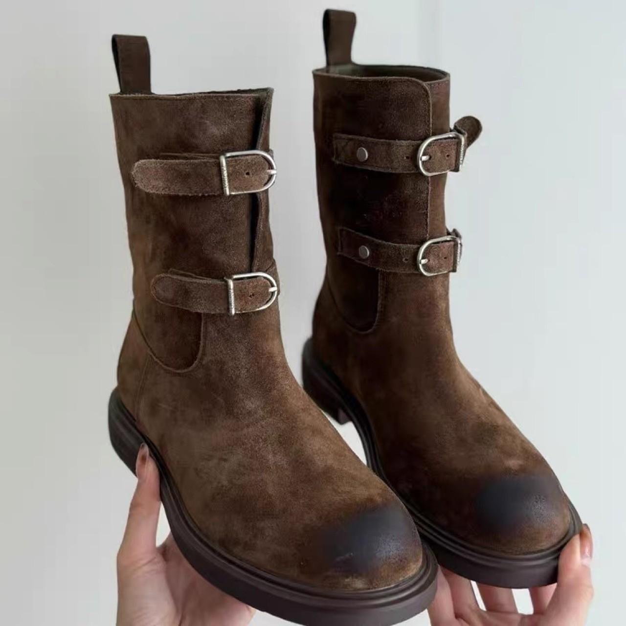 

Sheepskin version~ retro polished belt buckle western cowboy boots slim short boots women s Maillard Martin boots locomotive boots 40