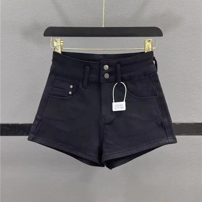 Pantaloncini di Jeans da Donna Khaki a Vita Alta con Doppio Bottone Casual Estivi Hot Pants