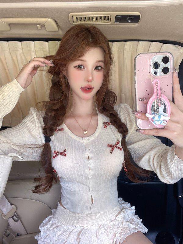 Women's Casual College-Style Bow Knit Cardigan - Small, Round Neck, Autumn/Winter