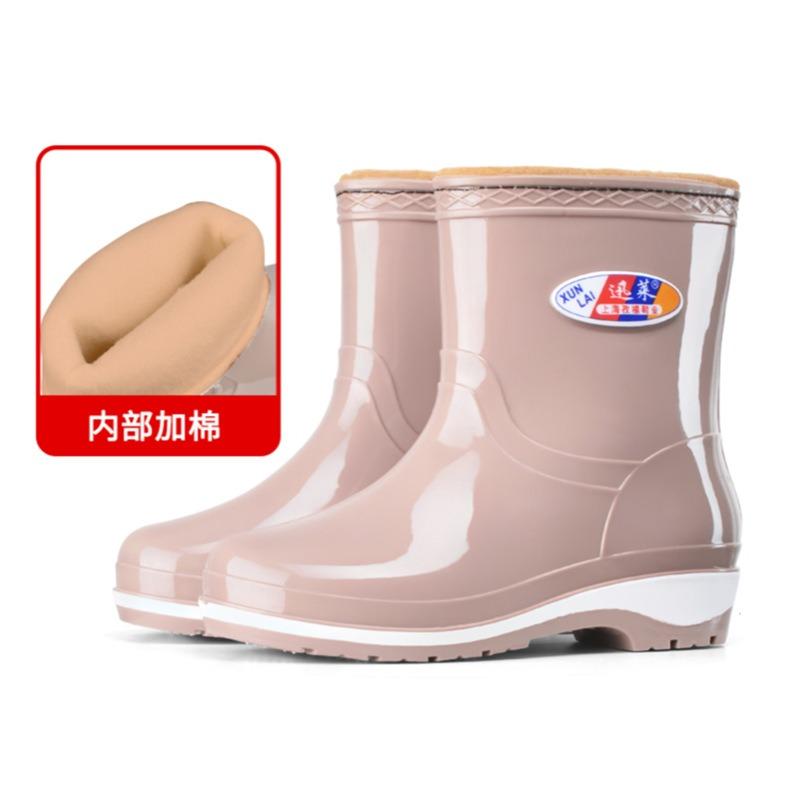 Winter cotton rain shoes women's warm velvet rubber shoes kitchen padded cotton medium tube water shoes medium short boots fashion non-slip cover
