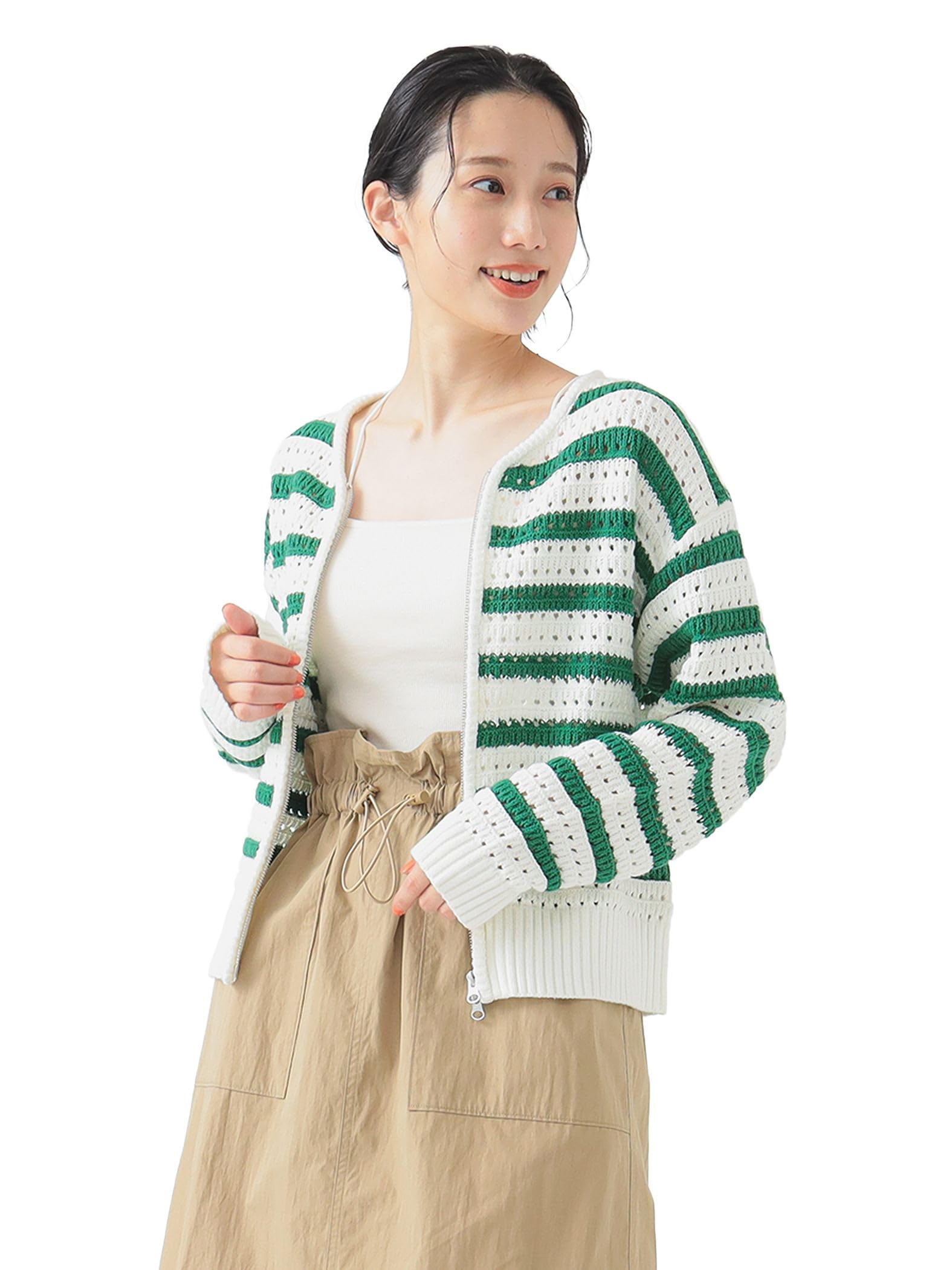 

B:MING LIFE STORE by BEAMS Women s Large/Small Striped Knit Blouson, OFF×GREEN, One Size