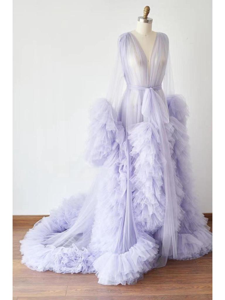 Cross-border Maternity Tulle Evening Gown with Ruffles and Shawl Cape