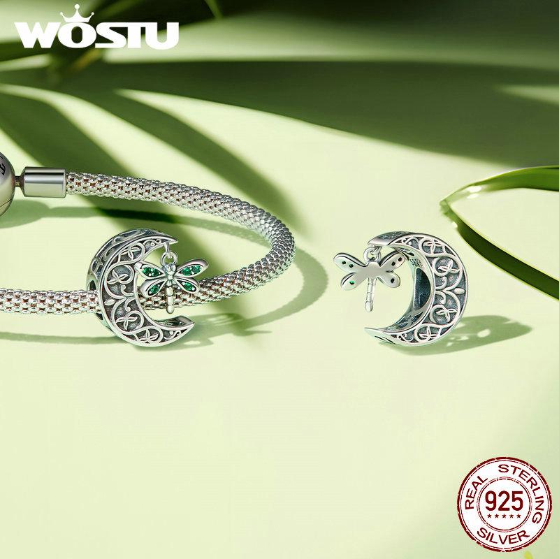 WOSTU 925 Sterling Silver Roses & Moon Dragonfly Charm Four-leaf Clover Beads for Women Girls Bracelet & Bangle DIY Jewelry