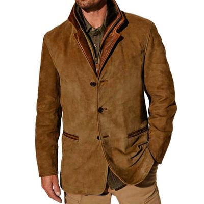 Winter Fall Men Jacket Retro Patchwork Fake Two-piece Fake Pockets Single-breasted Cardigan Long Sleeve Thick Plush Solid Color Lapel Plus Size