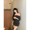 Small waist gray slanted shoulder hip skirt children summer spice girl off-the-shoulder high-end wear fashion dress