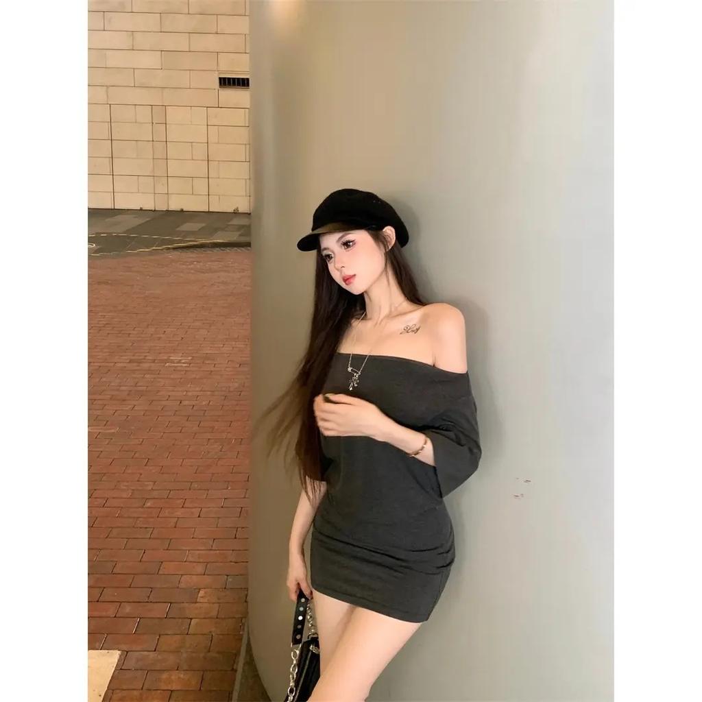 Small waist gray slanted shoulder hip skirt children summer spice girl off-the-shoulder high-end wear fashion dress