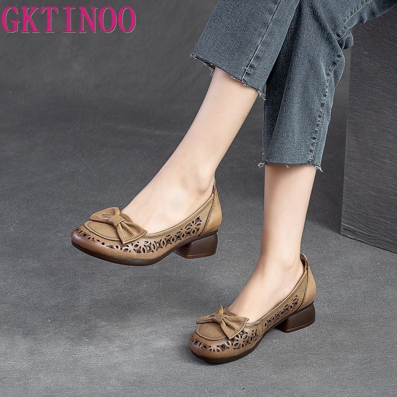 Fashion GKTINOO Genuine Leather Sandals Women Low Heels Shoes 2025 Spring Summer Round Toe Soft Sole Women's Fashion Shoes Big Size
