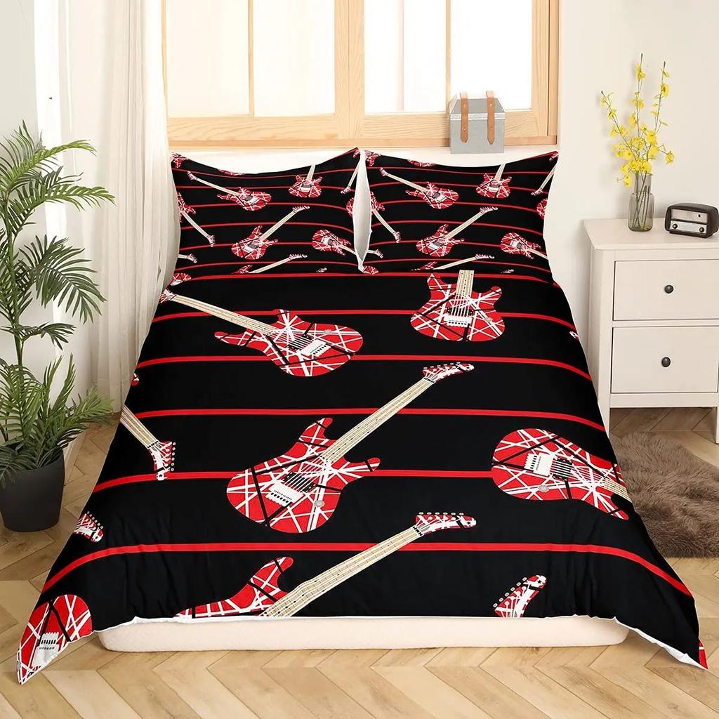 Guitar Duvet Cover Set King Queen Full Size Watercolour Style Polyester Comforter Cover for Kids Boys Girls Teens Bedding Set