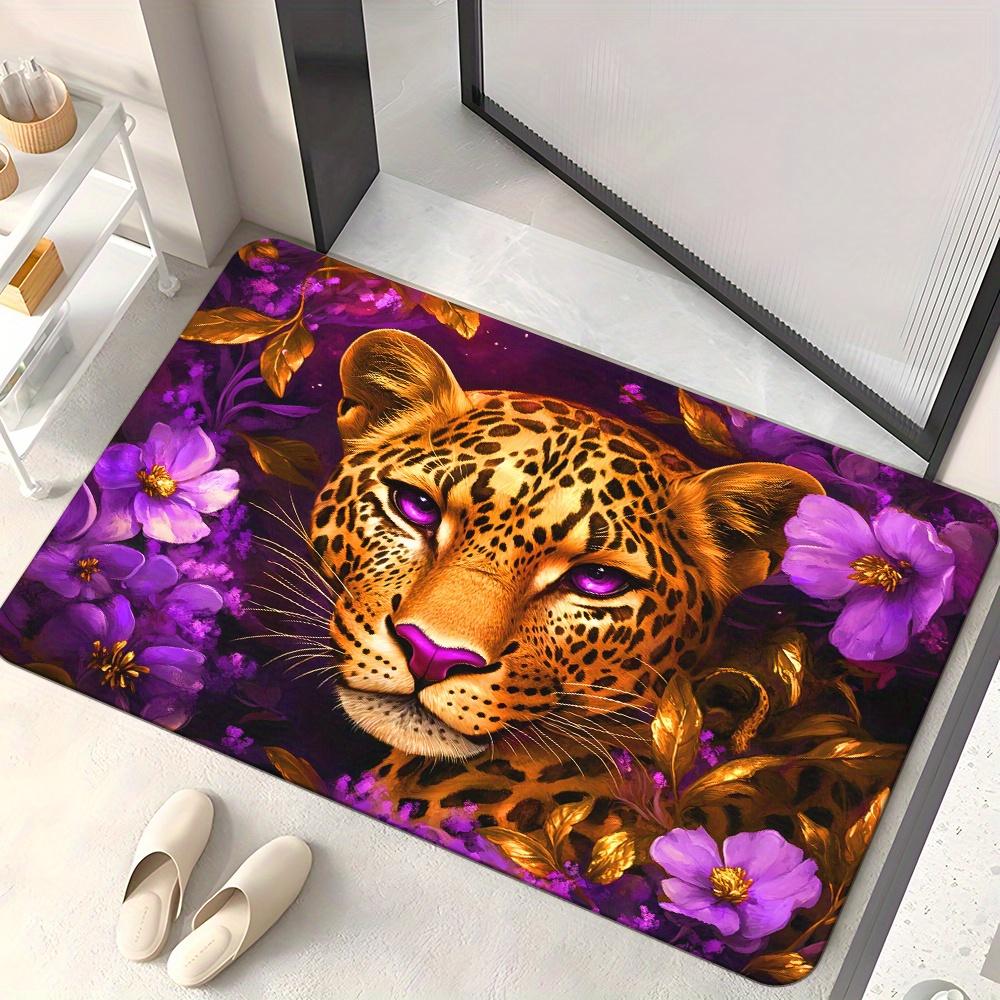 Leopard with Purple Flowers Doormat Non-Slip Absorbent Microfiber Rug for Bathroom Bedroom Entryway 40x60cm