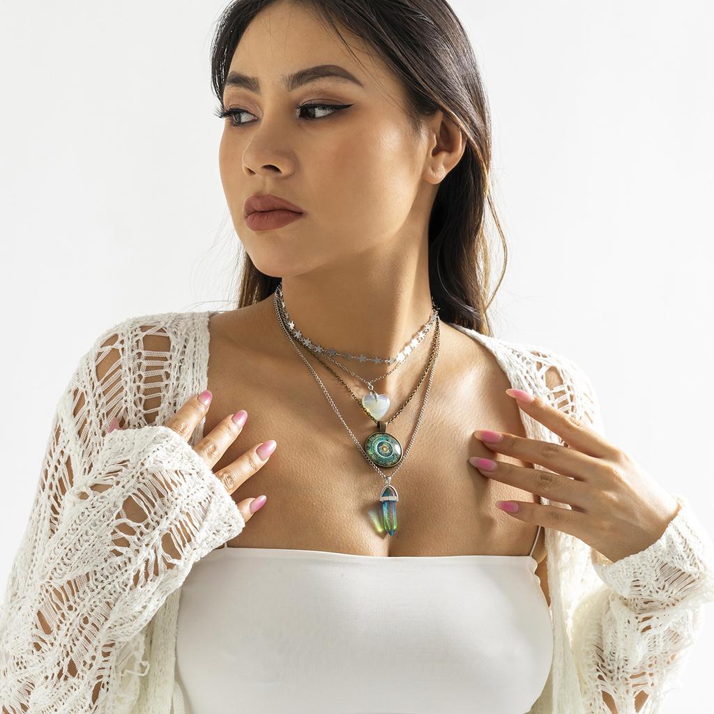 Accessories, long chain crystal column fringed necklace, retro round flower plate heart pendant necklace