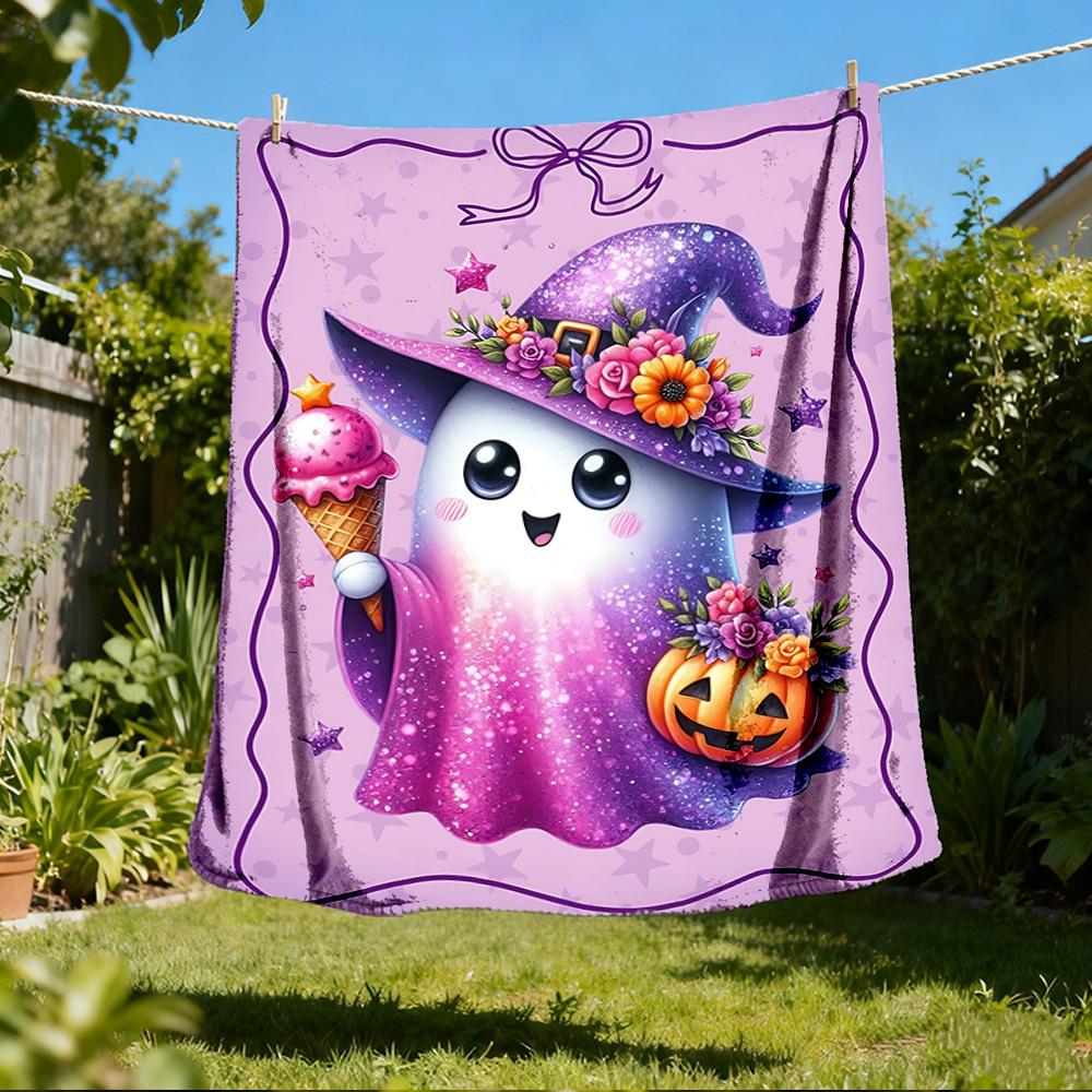 1pc Ghost Witch Hat Throw Blanket Polyester Fiber, Lightweight Flannel, Soft & Warm, All Season Use for Outdoor, Camping Digital Print