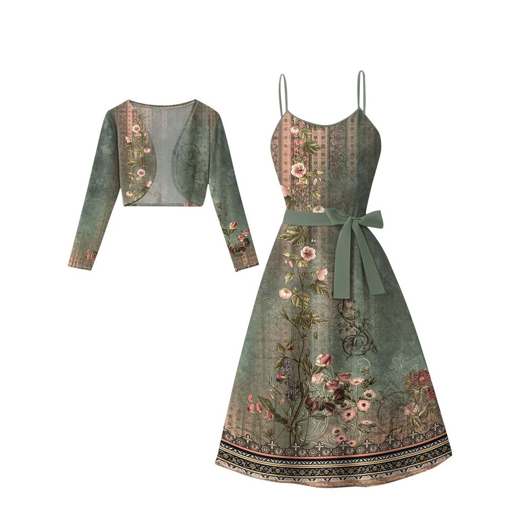 Women's  Fashionable And Casual Long-sleeved Short Cardigan Top + Belt + Strappy Dress Set