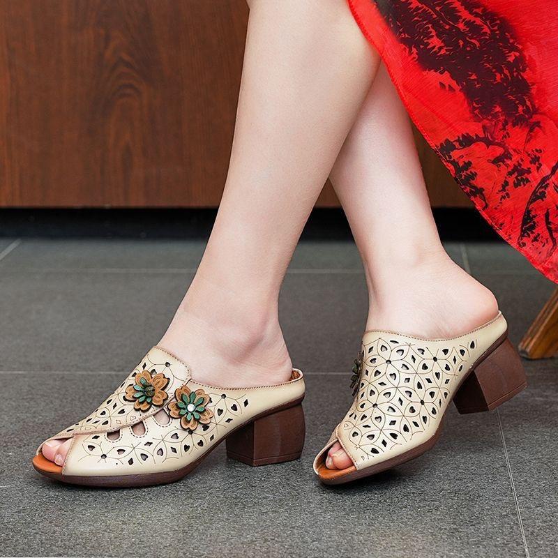 Women Flower Hollow Slippers Fish Mouth Comfortable Versatile Mid-heeled Women Sandals Women's Shoes