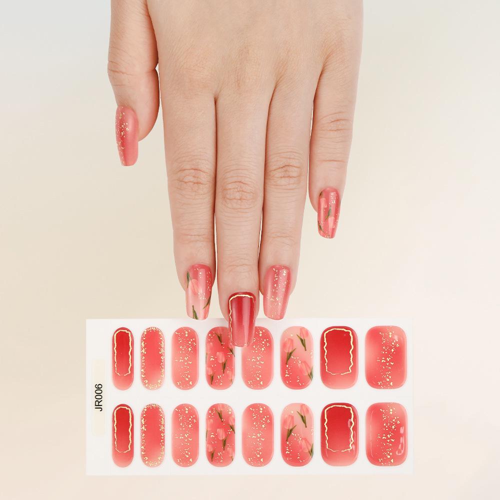 New Semi-Cured UV Gel Nail Stickers - 16 Finger Set with Light Therapy Curing Lamp for Full Nail Coverage