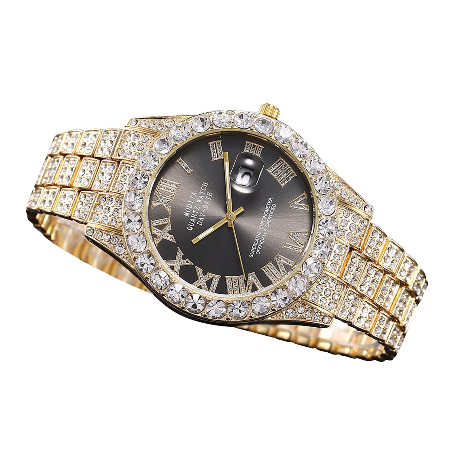 

Часы с календарем из водного бриллианта и бриллиантами, римская шкала, стальной ремешок из сплава, мужские часы One Size