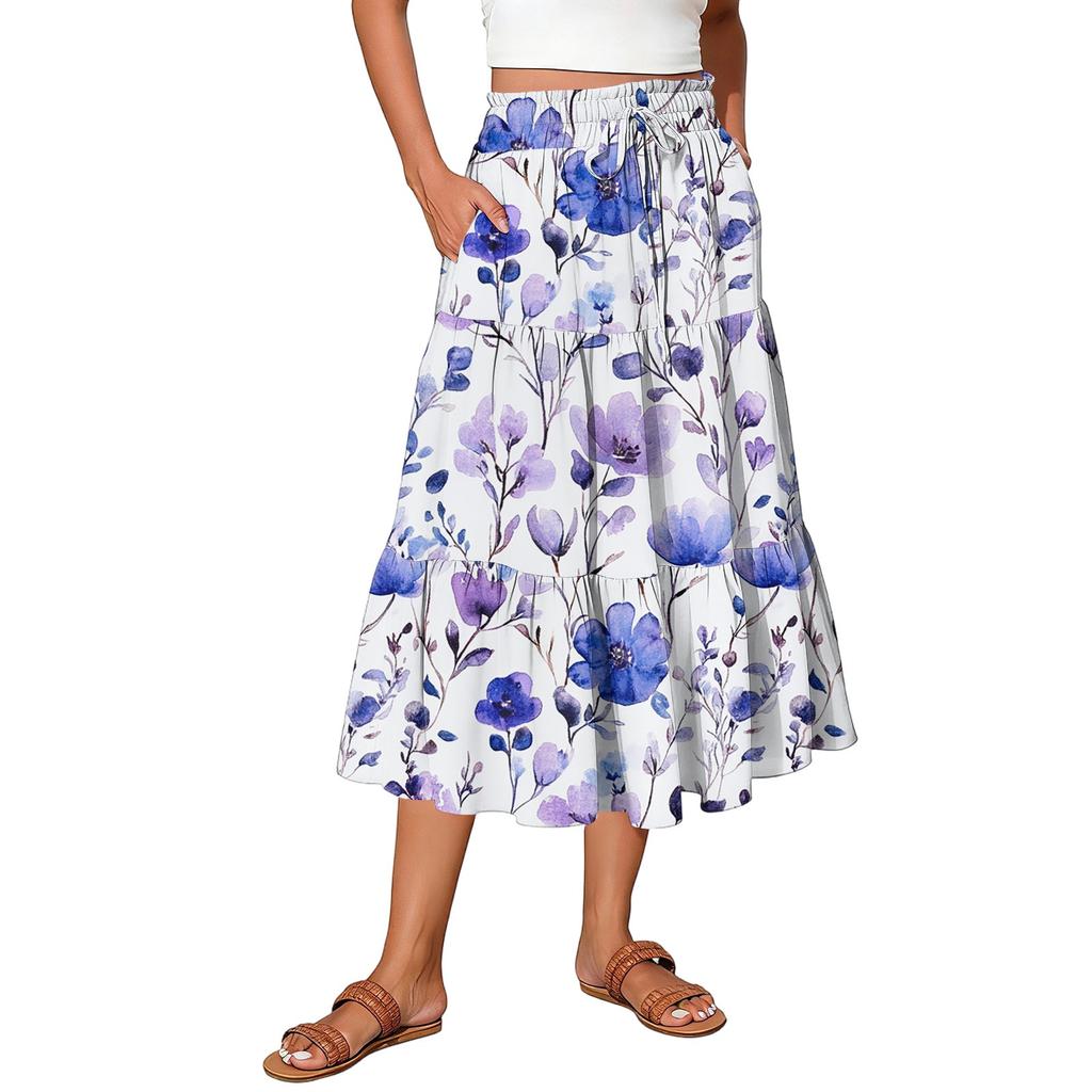Gonna Maxi da Donna Coulisse Vita Alta Estiva Gonne Lunghe Leggere a Balze Fluide Floreali Plissettate