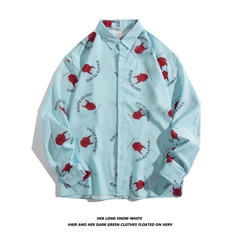 Men's Long-Sleeve Loose-Fit Shirt - Autumn/Summer Korean Style with Trendy Hong Kong Ins Print