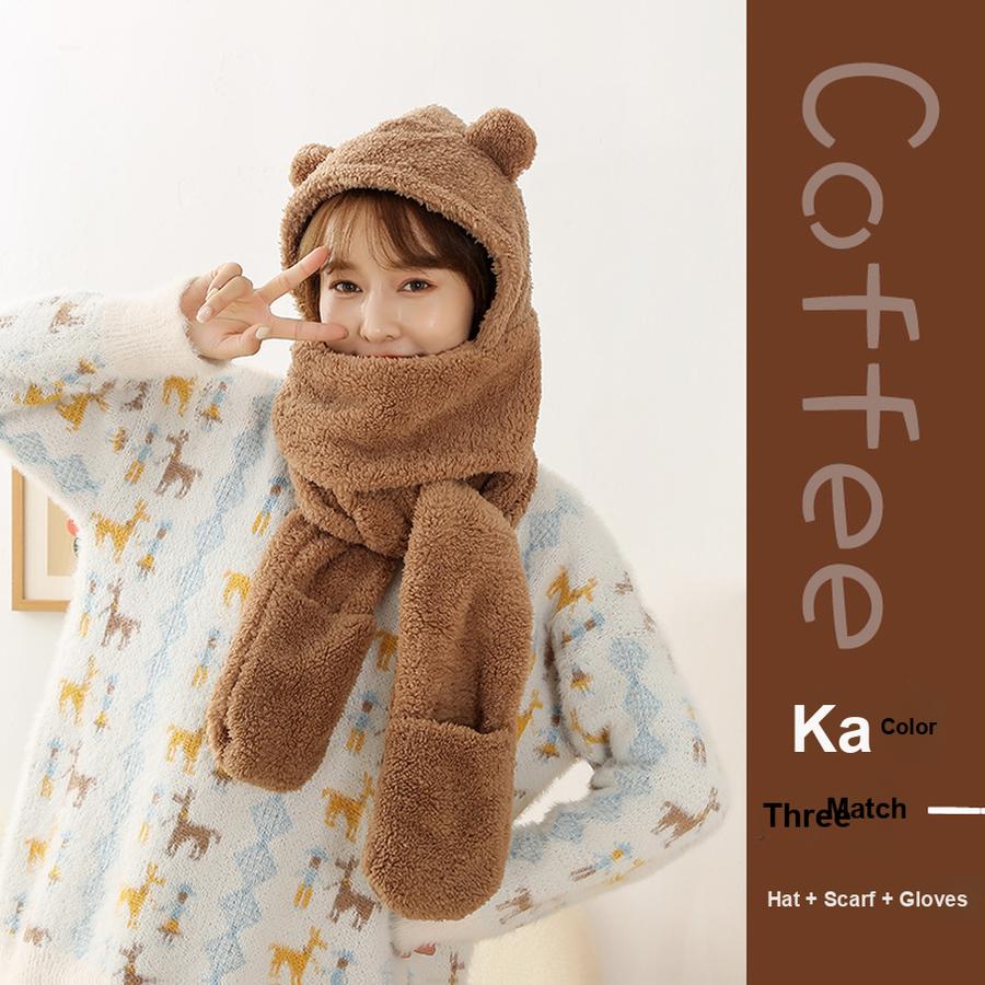 

Комплект зимней шапки и шарфа - 3 предмета Женская теплая флисовая шапка с ушками Теплые зимние аксессуары One Size кофейный