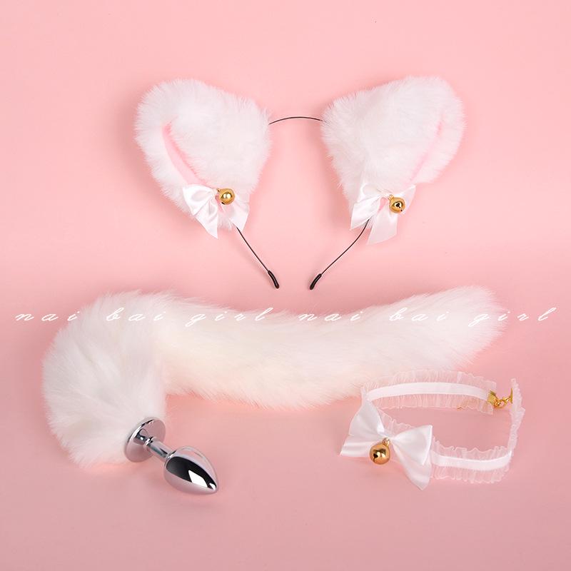 Fox Role Play Set: Metal Anal Plug with Tail, Lace Choker, and Headband for Teasing and Flirting