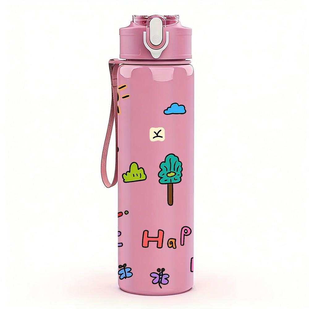 1PC Happy Day Slogan 750ml Color Plastic Sports Water Bottle Leakproof Flip Straw Lid Suitable for Sports Office Home Use