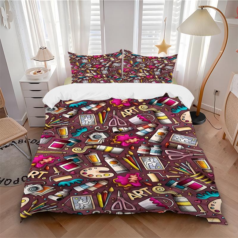 3pcs Anime Cartoon Art Supplies Doodle Bedding Set - Includes One Quilt Cover and Two Pillowcases (No Core) - Polyester Fabric - Home Decor - Holiday