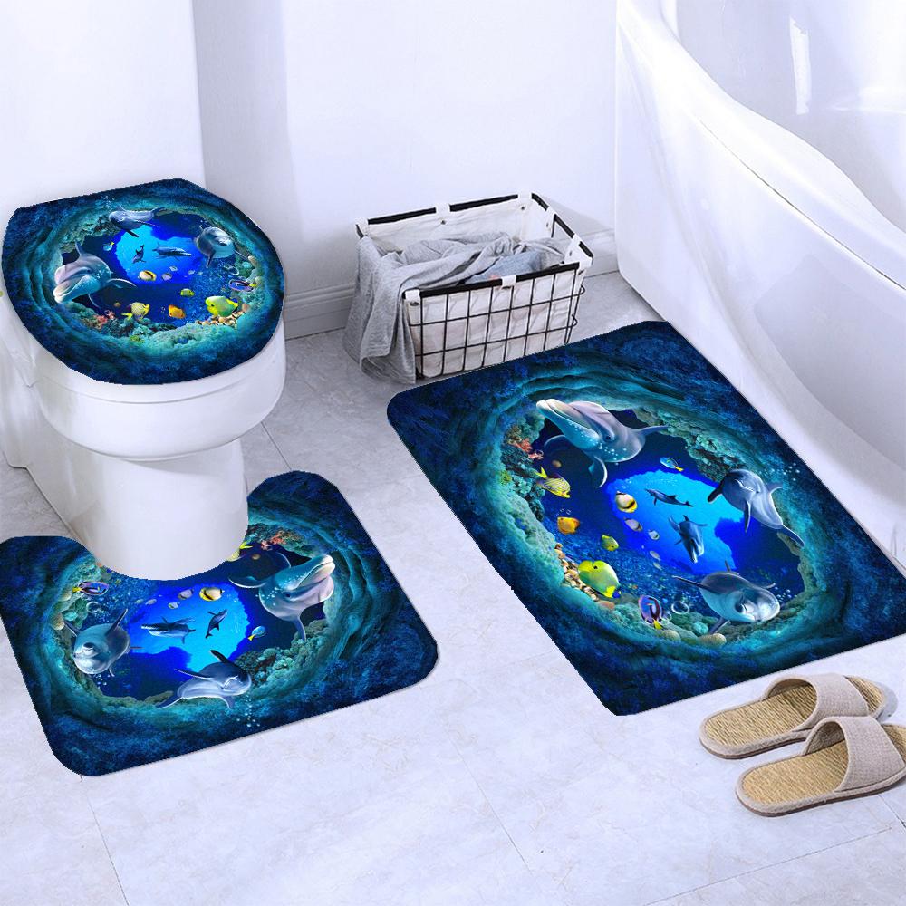 Dream Starry Sky Ocean Jellyfish Bathroom Waterproof Shower Curtain Set with 12 Hooks Bath Non-Slip Mat Rugs Toilet Seat Cover