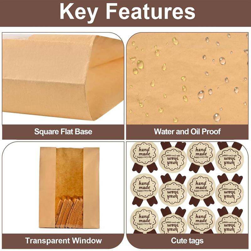 50Pcs Kraft Paper Bag With Window Bread Packaging Bags Handmade Toast Biscuit Candy Packing Pounches With Label Sealing Stickers