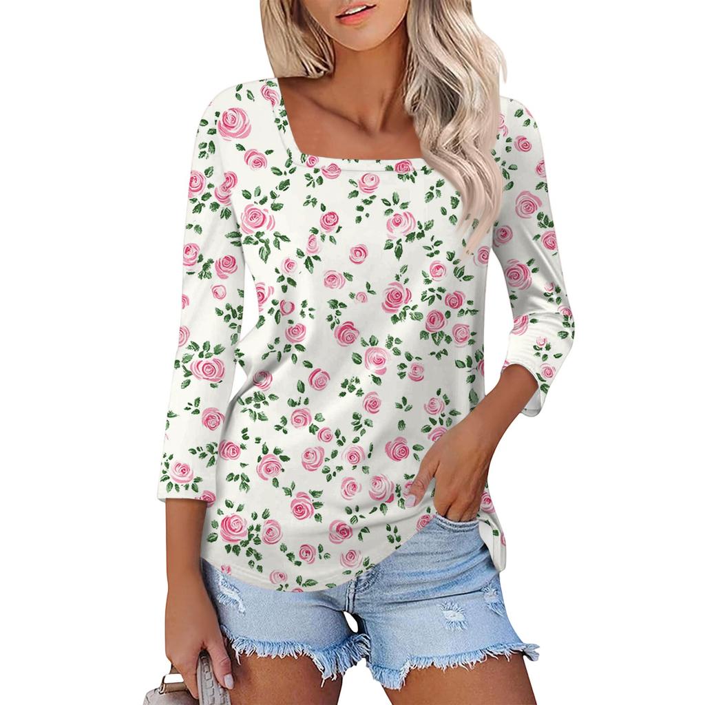 Women's T Shirt Tee Print 3/4 Sleeve Daily Weekend Fashion Basic Square Neck  Regular Top