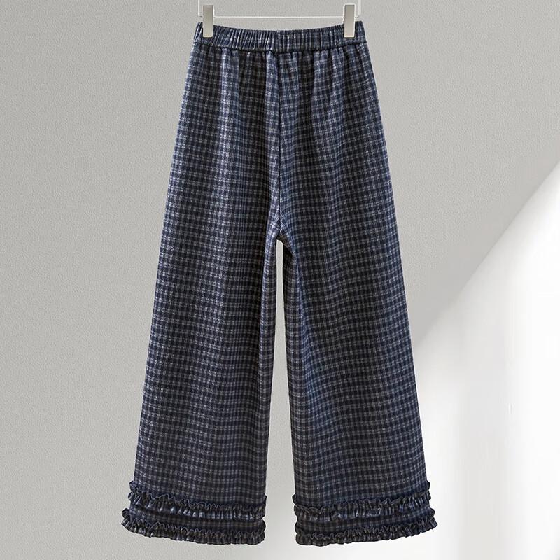 Women's Ruffle-Edge Plaid Wide-Leg Fleece-Lined Casual Pants