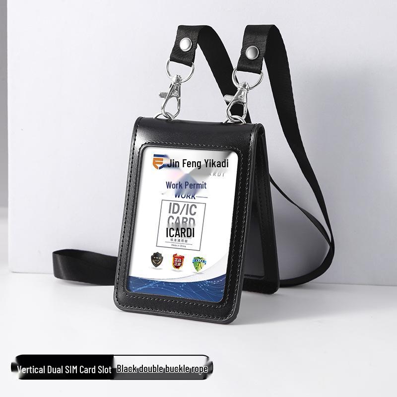 Large Genuine Leather Folding ID Card Holder with Lanyard, 70*100 Work Badge Case