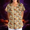 Women's Halloween Print Scrub Top V-Neck Short Sleeve with Pockets - Loose Fit Costume Shirt for Work or Party