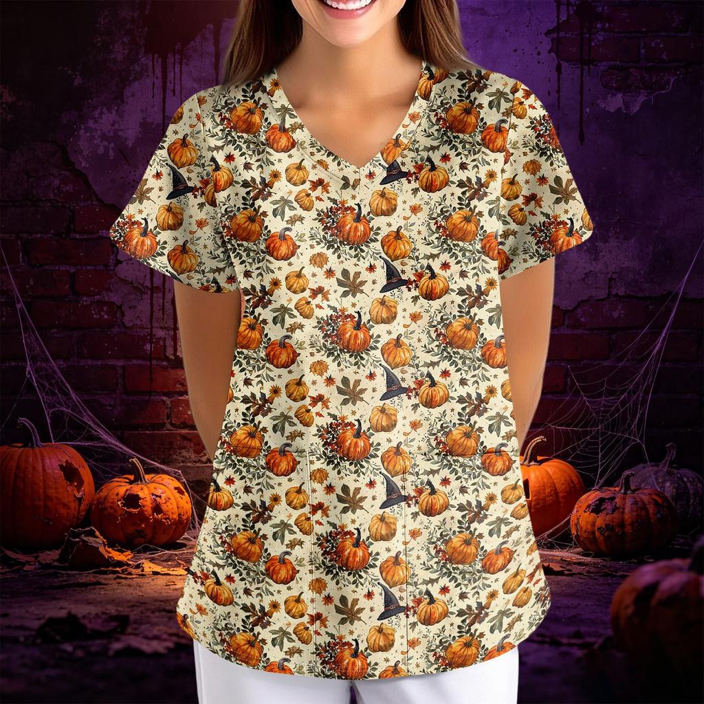 Women's Halloween Print Scrub Top V-Neck Short Sleeve with Pockets - Loose Fit Costume Shirt for Work or Party