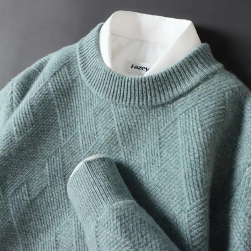 Suéter de Cachemira para Hombre Holgado y Grueso Jacquard Cuello Redondo Suéter de Punto para Hombre Otoño e Invierno Color Sólido