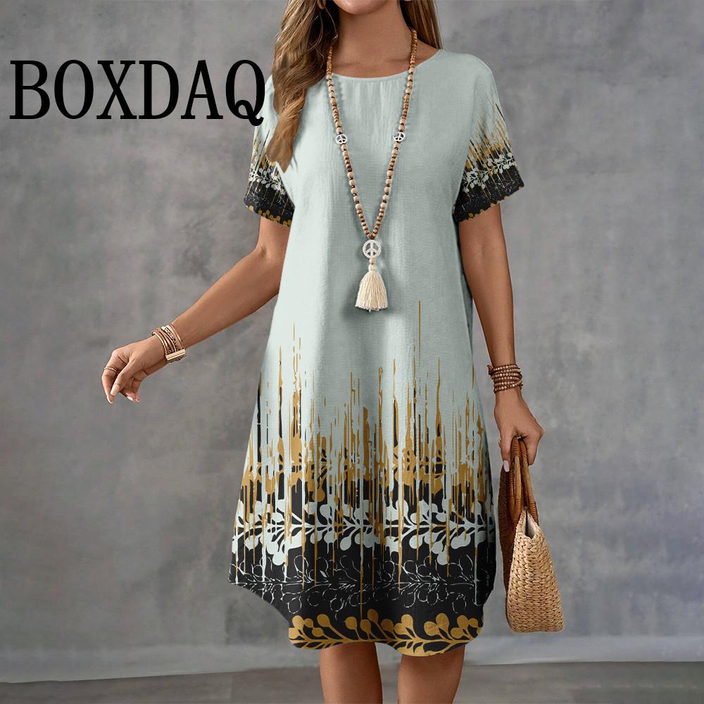 Letnie Retro Etniczny Nadruk Krótki Rękaw Casual Damska O-Neck Długość do Kolana Modne Eleganckie Damskie Sukienki A-Line