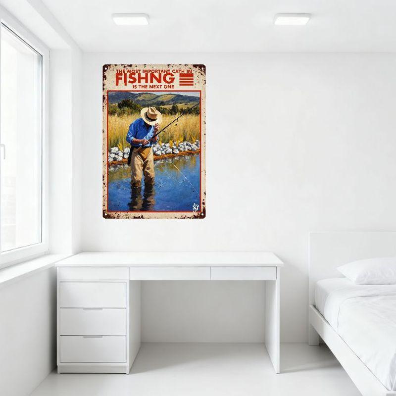 Vintage Metallschild Fliegenfischen mit Mann im Fluss - Rustikale verwitterte Metallwanddekoration für Angelbegeisterte, 8x12 Zoll