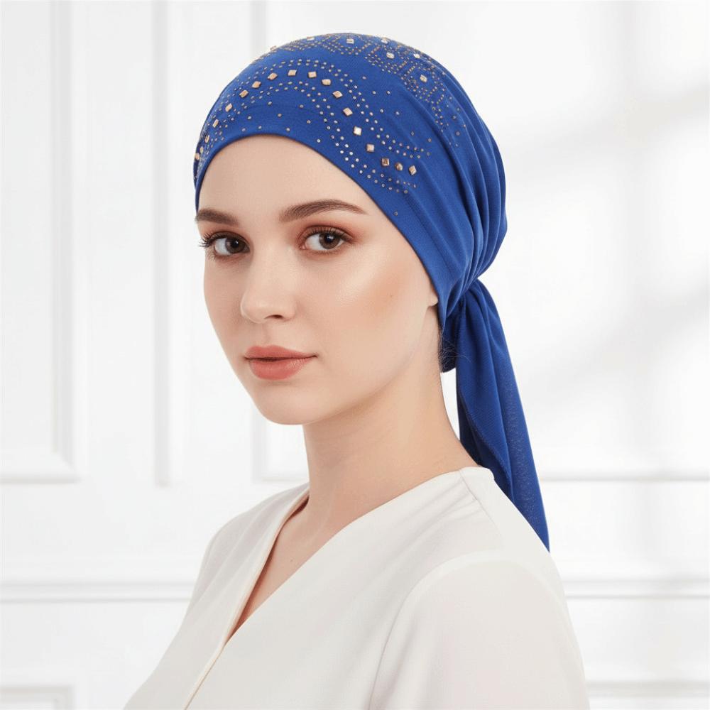 Thin Summer Muslim Headscarf Hat Solid Color Rhinestone Hijab Caps  Ramadan