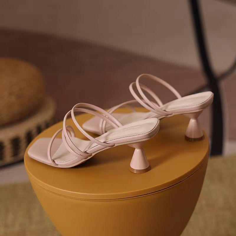 Fashion 2024 Summer New Women's High Heel Slippers Fashion Square Toe Grace Narrow Band Solid Casual Daily Slippers