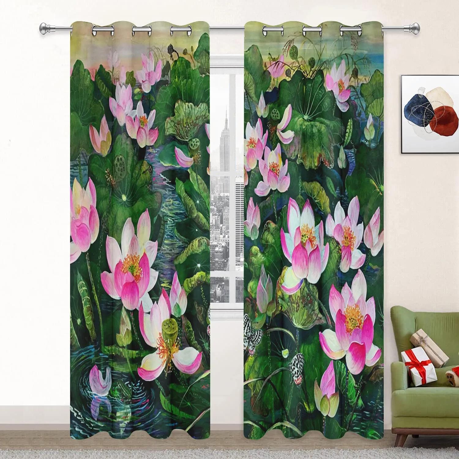 Lotus Verdunkelungsvorhänge für Wohnzimmer Landschaft Verdunkelung Fenstervorhang für das Schlafzimmer Ästhetischer Raum Landschaft Vorhang Neu W55 X H120cm X 2&Grommet Top