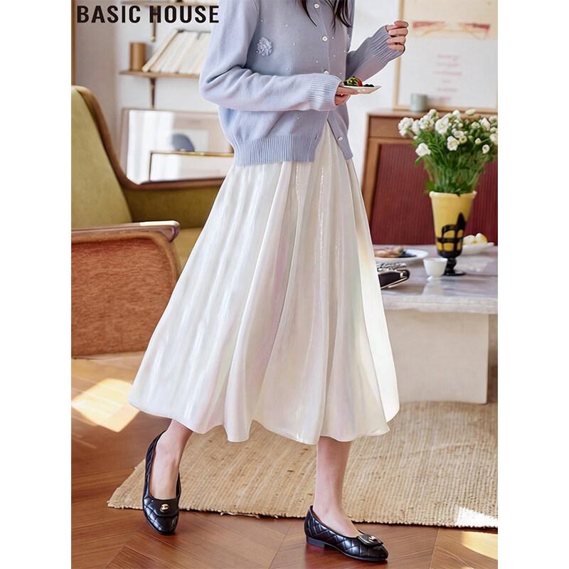 Basic House White Mesh Pleated A-line Skirt M
