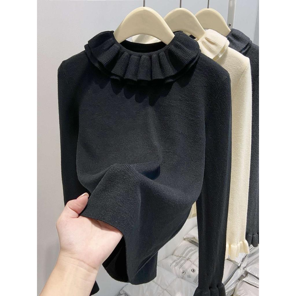 Premium Ruffle Edge Long-sleeved Knitted Sweater for Women's Autumn and Winter New Inner Sweater Bottoming Top