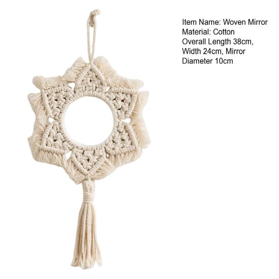 Hand Knitted Hanging Wall Mirror, Boho Fringe Round Mirror, Handmade Flower Shape Decorative Mirror for Farmhouse Apartment Living Room Bedroom Home