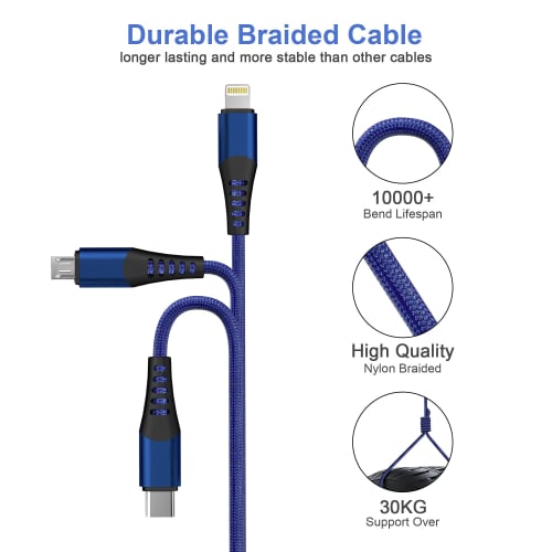 Wielofunkcyjny kabel ładujący USB 3w1 3M/10 stóp 6A PD Szybki pleciony kabel ładujący ze złączem USB C/Micro USB/Lightning Uniwersalny wieloportowy długi kabel ładujący