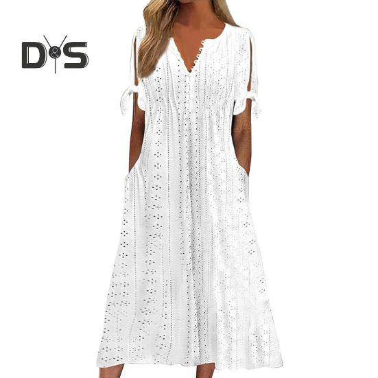 Women's Summer Maxi Dress Boho Eyelet Button V Neck Tie Knot Short Sleeve Midi Dress Summer Beach Vacation Sundress
